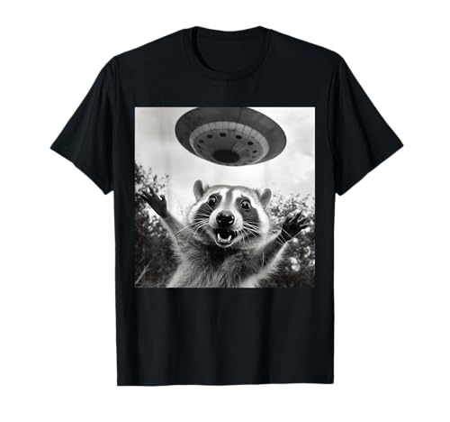 Alien UFO & Racoon Selfie Lover Funny Meme Gifts - Unisex Erwachsene - Popkultur-Fans, Sci-Fi-Enthusiasten, Meme-Liebhaber und Kinder - Kurzarm - T-Shirt - Cartoon - Schwarz - S von Alien UFO & Racoon Selfie Lover Funny Meme Gifts