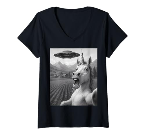 Damen Lustiges Alien UFO Einhorn Entführung Selfie T-Shirt mit V-Ausschnitt Damen Lustiges Alien UFO Einhorn Entführung Selfie T-Shirt mit V-Ausschnitt von Alien Unicorn Humor Gifts for UFO Fans