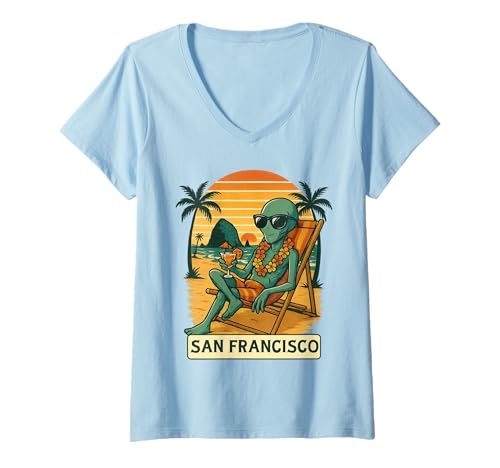 Damen Strandurlaub in San Francisco Lustige Alien-Reisen T-Shirt mit V-Ausschnitt Damen Strandurlaub in San Francisco Lustige Alien-Reisen T-Shirt mit V-Ausschnitt von Alien Vacation in San Francisco Retro Sci-Fi