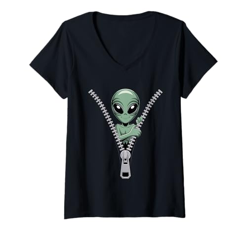 Damen Alien-Reißverschluss T-Shirt mit V-Ausschnitt Damen Alien-Reißverschluss T-Shirt mit V-Ausschnitt von Alien Zipper Fun Imagination