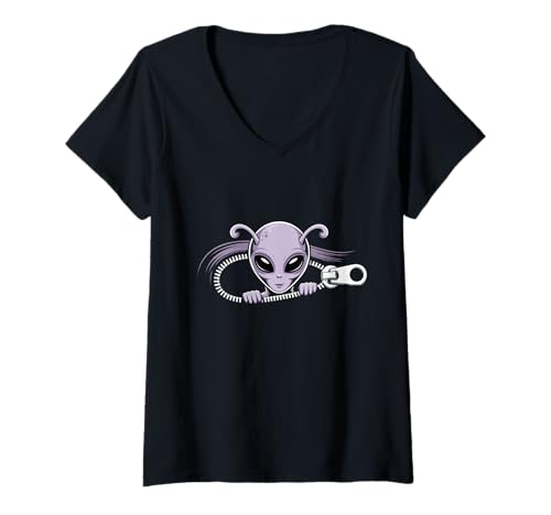 Damen Lustiger Alien in der Tasche, Alien, der aus Reißverschluss ausbricht Aliens T-Shirt mit V-Ausschnitt Damen Lustiger Alien in der Tasche, Alien, der aus Reißverschluss ausbricht Aliens T-Shirt mit V-Ausschnitt von Alien Zipper Pocket Shirt Hilarious UFO Aliens Tee