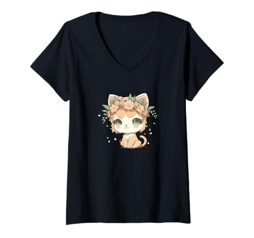 Damen Süße Chibi-Katze mit rosa Blumenkrone T-Shirt mit V-Ausschnitt Damen Süße Chibi-Katze mit rosa Blumenkrone T-Shirt mit V-Ausschnitt von AlienFolklore