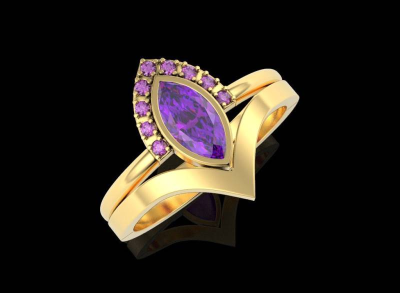 Amethyst Verlobungsring, Braut Ring-Set, Stapelbar V-Ring, Chevron Ring, Minimalistisch Engagement, Nicht Traditionellen Engagement von AlienFormsJewelery