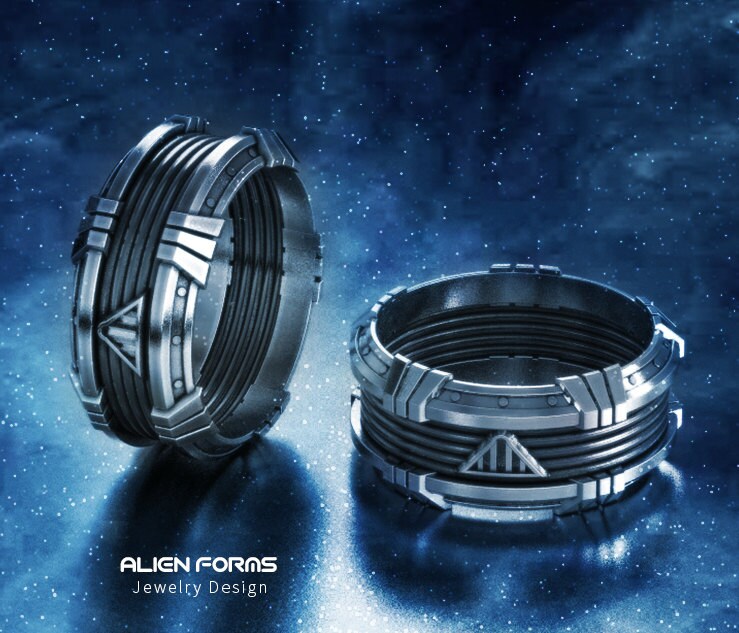 Geek Ehering, Ring, Verlobungsring, Sci Fi Nerd Silber Space Vater Geschenk von AlienFormsJewelery