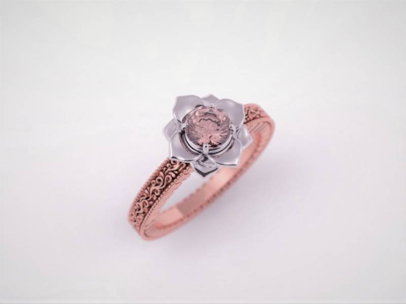 Pfirsich-Saphir-Verlobungsring, Padparadscha Saphir-Verlobungsring, 14 K Rose Gold Blume Verlobungsring, Zierliche Lotus-Blume von AlienFormsJewelery