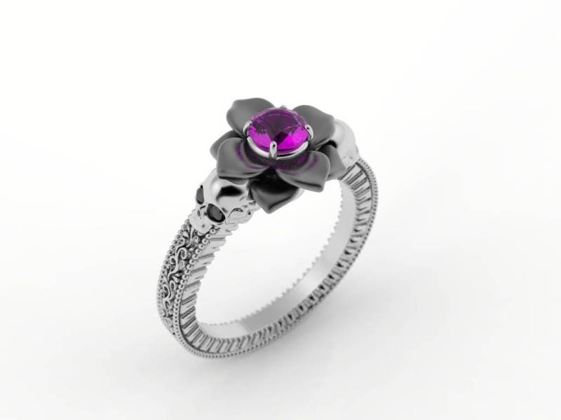 Schädel-Verlobungsring, Blume Verlobungsring, Gothic Alternative Schwarze Gold Verlobungsring von AlienFormsJewelery