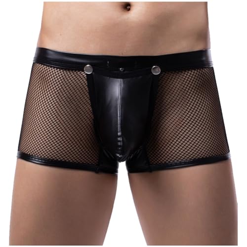 Alienjoy Herren Kunstleder Shorts Hosen Sexy Boxer Brief Clubwear mit Knopf Abnehmbare Tasche von Alienjoy