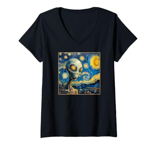 Damen Graues Alien-Gemälde für UFO UAP Disclosure Believers T-Shirt mit V-Ausschnitt Damen Graues Alien-Gemälde für UFO UAP Disclosure Believers T-Shirt mit V-Ausschnitt von Aliens Are Here