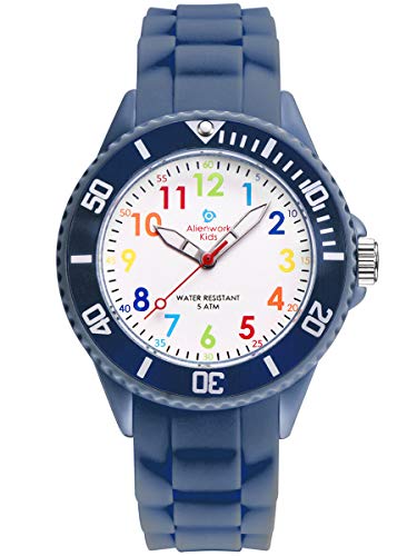 Alienwork Kids Lernuhr Kinderuhr Jungen Mädchen Marineblau Silikon-Armband Mehrfarbig Kinder-Uhr Wasserdicht 5 ATM Zeit Lernen von Alienwork