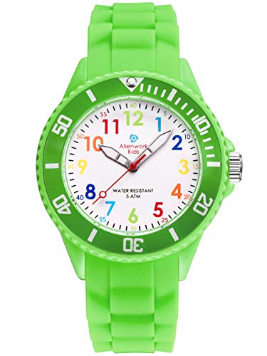 Alienwork Kids Lernuhr Kinderuhr Jungen Mädchen Grün Silikon-Armband Mehrfarbig Kinder-Uhr Wasserdicht 5 ATM Zeit Lernen von Alienwork