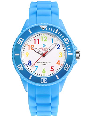 Alienwork Kids Lernuhr Kinderuhr Jungen Mädchen Hellblau Silikon-Armband Mehrfarbig Kinder-Uhr Wasserdicht 5 ATM Zeit Lernen von Alienwork