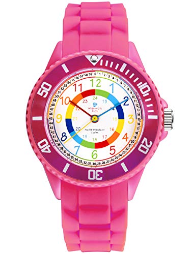 Alienwork Kids Lernuhr Kinderuhr Mädchen Uhrzeit Lernen Rosa Silikon-Armband Mehrfarbig Kinder-Uhr Wasserdicht 5 ATM Zeit Lernen von Alienwork