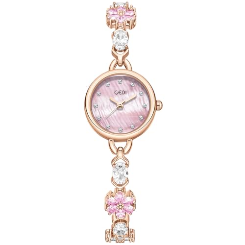Alienwork Armbanduhr Damen Roségold Edelstahl Metallarmband Pink Perlmutt-Zifferblatt Strass-Steinen Elegant von Alienwork