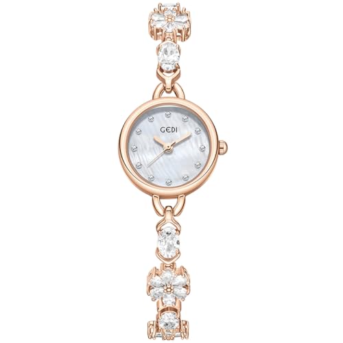 Alienwork Armbanduhr Damen Roségold Edelstahl Metallarmband Silber Perlmutt-Zifferblatt Strass-Steinen Elegant von Alienwork