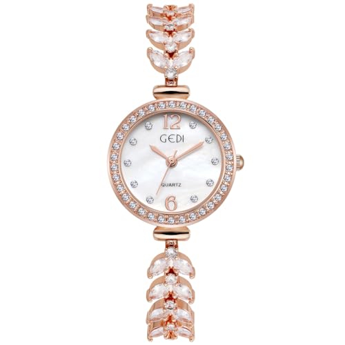 Alienwork Armbanduhr Damen Roségold Edelstahl Metallarmband Silber Perlmutt-Zifferblatt Strass-Steinen Elegant von Alienwork