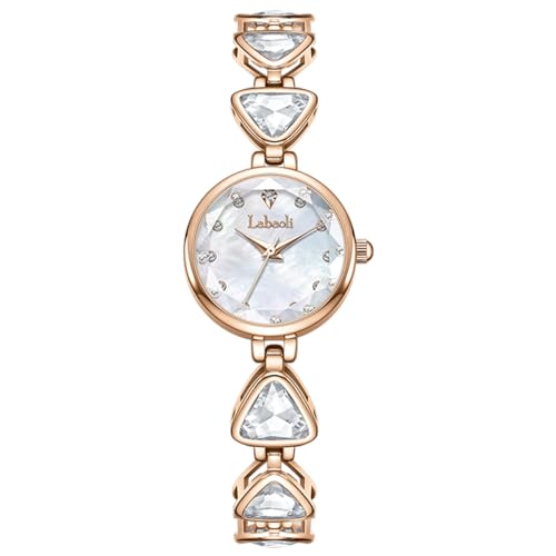 Alienwork Armbanduhr Damen Roségold Edelstahl Metallarmband Weiss Perlmutt-Zifferblatt Strass-Steinen Elegant von Alienwork