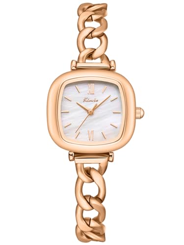 Alienwork Armbanduhr Damen Roségold Lederarmband Weiss Perlmutt-Zifferblatt Ultra-flach Elegant von Alienwork