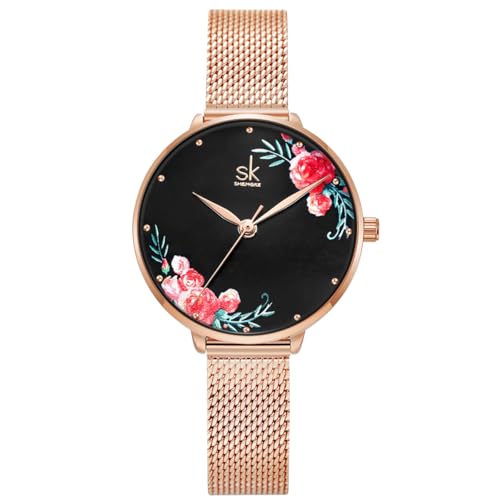 Alienwork Armbanduhr Damen Roségold Metall Mesh Armband Edelstahl Schwarz Elegant von Alienwork