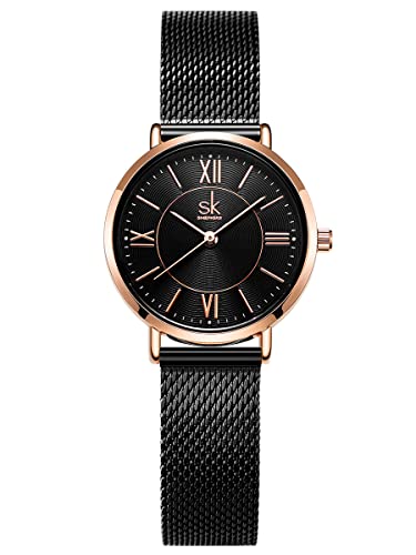 Alienwork Armbanduhr Damen Roségold Metall Mesh Armband Edelstahl Schwarz Ultra-flach Elegant von Alienwork