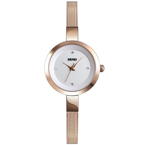 Alienwork Armbanduhr Damen Roségold Metall Mesh Armband Edelstahl Silber Strass-Steinen Elegant von Alienwork