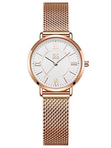 Alienwork Armbanduhr Damen Roségold Metall Mesh Armband Edelstahl Weiss Ultra-flach Elegant von Alienwork