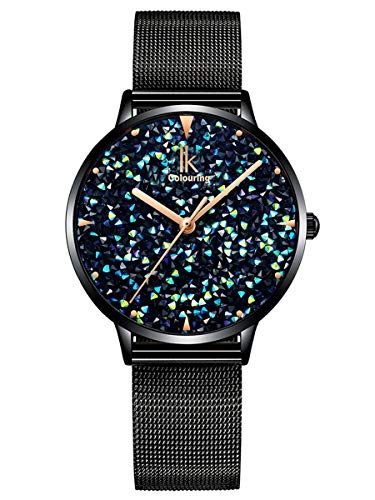 Alienwork Armbanduhr Damen Schwarz Metall Mesh Armband Edelstahl Blau Strass-Steinen Glitzer Elegant von Alienwork