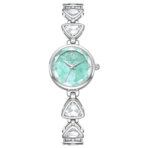 Alienwork Armbanduhr Damen Silber Edelstahl Metallarmband Grün Perlmutt-Zifferblatt Strass-Steinen Elegant von Alienwork