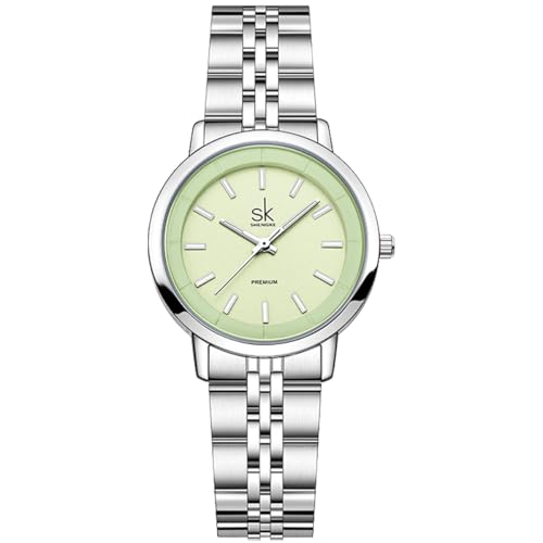 Alienwork Armbanduhr Damen Silber Edelstahl Metallarmband Grün Ultra-flach Elegant Metall-Armband von Alienwork