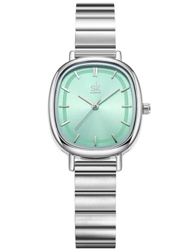 Alienwork Armbanduhr Damen Silber Edelstahl Metallarmband Grün Ultra-flach Elegant von Alienwork