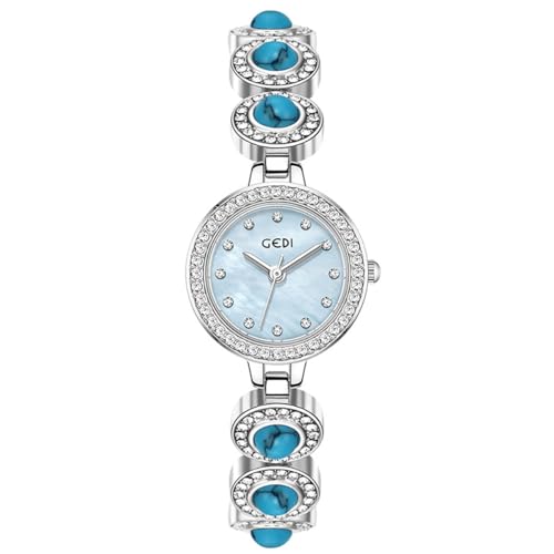 Alienwork Armbanduhr Damen Silber Edelstahl Metallarmband Hellblau Perlmutt-Zifferblatt Strass-Steinen Elegant von Alienwork