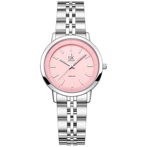 Alienwork Armbanduhr Damen Silber Edelstahl Metallarmband Pink Ultra-flach Elegant Metall-Armband von Alienwork