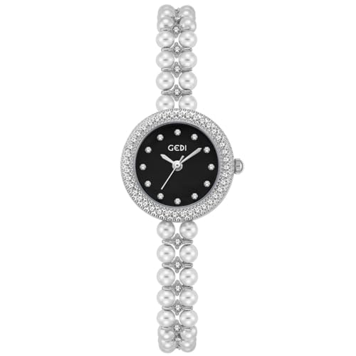 Alienwork Armbanduhr Damen Silber Edelstahl Metallarmband Schwarz Perlmutt-Zifferblatt Strass-Steinen Elegant von Alienwork