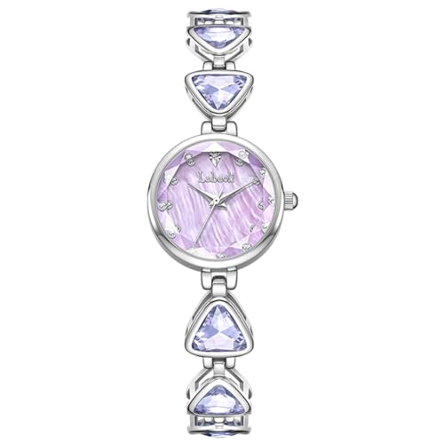 Alienwork Armbanduhr Damen Silber Edelstahl Metallarmband Violett Perlmutt-Zifferblatt Strass-Steinen Elegant von Alienwork