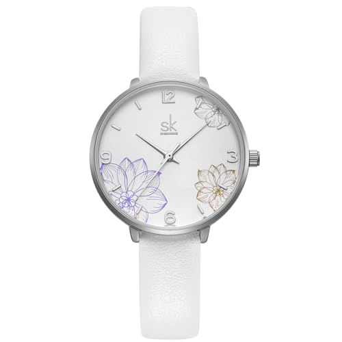 Alienwork Armbanduhr Damen Silber Lederarmband Weiss Elegant von Alienwork