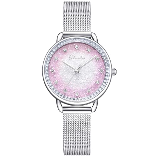 Alienwork Armbanduhr Damen Silber Metall Mesh Armband Edelstahl Pink Strass-Steinen Elegant Mesh-Armband von Alienwork