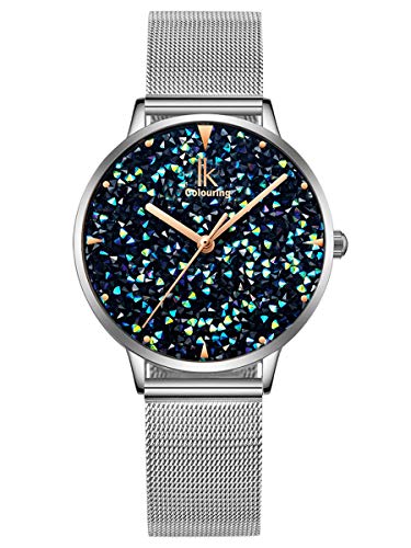 Alienwork Armbanduhr Damen Silber Metall Mesh Armband Edelstahl Blau Strass-Steinen Glitzer Elegant von Alienwork