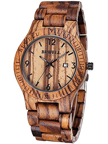 Alienwork Armbanduhr Herren Damen Braun Holz-Armband Kalender Datum Holzuhr Natur-Holz von Alienwork