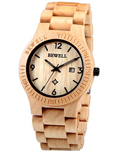 Alienwork Armbanduhr Herren Damen Gelb Holz-Armband Kalender Datum Holzuhr Natur-Holz von Alienwork