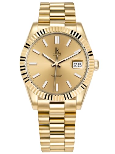 Alienwork Armbanduhr Herren Damen Gold Edelstahl Metallarmband Kalender Datum Klassik Elegant von Alienwork