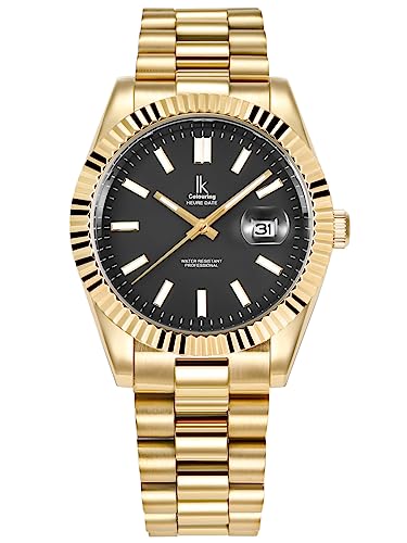 Alienwork Armbanduhr Herren Damen Gold Edelstahl Metallarmband Kalender Datum Schwarz Klassik Elegant von Alienwork