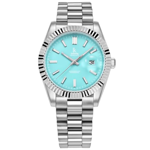 Alienwork Armbanduhr Herren Damen Silber Edelstahl Metallarmband Kalender Datum Hellblau Klassik Elegant von Alienwork