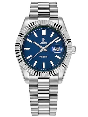 Alienwork Armbanduhr Herren Damen Silber Edelstahl Metallarmband Kalender Datum Marineblau Klassik Elegant von Alienwork