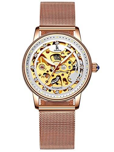 Alienwork Automatikuhr Armbanduhr Damen Roségold Metall Mesh Armband Edelstahl Weiss Skelett Glasboden von Alienwork