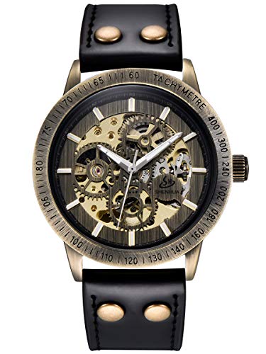 Alienwork Automatikuhr Armbanduhr Herren Damen Bronze Lederarmband Schwarz Skelett Retro von Alienwork