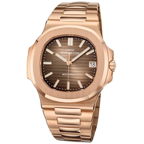 Alienwork Automatikuhr Armbanduhr Herren Damen Roségold Edelstahl Metallarmband Kalender Datum Braun Kalender Glasboden Wasserdicht 5 ATM von Alienwork