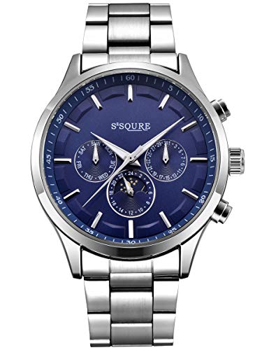 Alienwork Automatikuhr Armbanduhr Herren Damen Silber Edelstahl Metallarmband Kalender Blau Multi-Funktion Glasboden von Alienwork