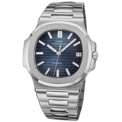 Alienwork Automatikuhr Armbanduhr Herren Damen Silber Edelstahl Metallarmband Kalender Datum Marineblau Kalender Glasboden Wasserdicht 5 ATM von Alienwork
