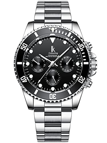 Alienwork Automatikuhr Armbanduhr Herren Damen Silber Edelstahl Metallarmband Kalender Schwarz Multi-Funktion Glasboden von Alienwork