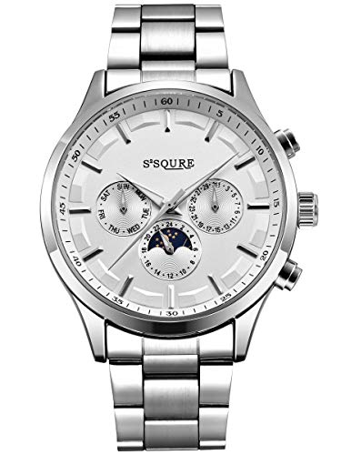 Alienwork Automatikuhr Armbanduhr Herren Damen Silber Edelstahl Metallarmband Kalender Weiss von Alienwork