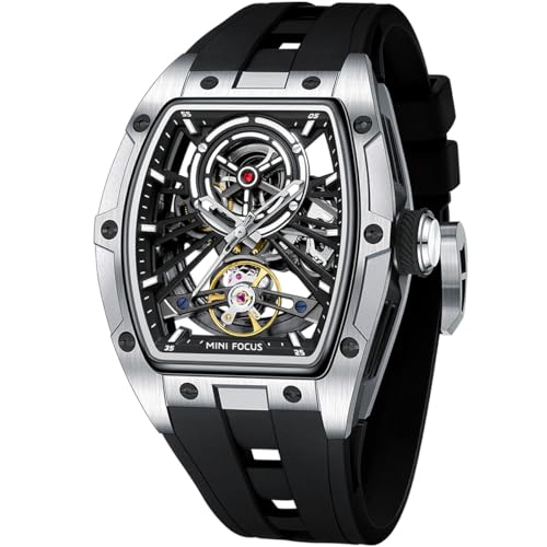 Alienwork Automatikuhr Armbanduhr Herren Damen Silber Silikon-Armband Schwarz Skelett Glasboden Wasserdicht 5 ATM von Alienwork